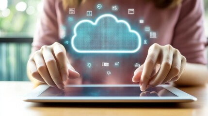 Aufkleber - businesswoman using a tablet to manage documents on cloud computing using cloud technology. data sto