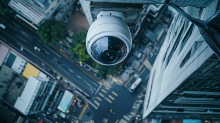 Poster - A wide-angle view of a CCTV camera installed on a building corner, overlooking an urban area, emphasizing its role in monitoring public spaces.
