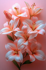 Wall Mural - Floating lily petals arranged in a geometric pattern on a pastel pink canvas,