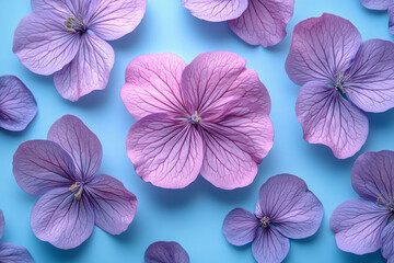 Poster - Fragmented violet petals forming intricate patterns on a light pastel blue background,