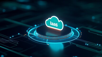 Poster - A futuristic illustration of IaaS (Infrastructure as a Service) cloud computing technology depicted on a digital platform.