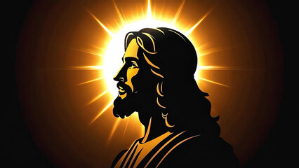 Jesus Christ Silhouette Portrait with Halo on Dark Background, Spiritual Divine Religious new beautiful stock image illustration AI