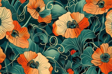 Sticker - Colorful floral pattern with poppies and leaves in vivid orange, teal, and green tones on a textured background