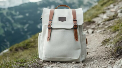 Plain canvas backpack on a mountain trail, adventure and outdoor gear mockup