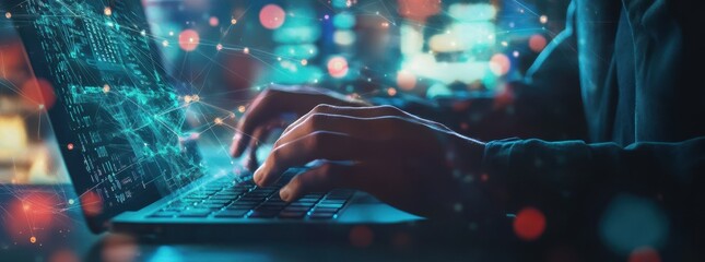 Database developer coding on laptop in server room data center big data storage digital technology IT infrastructure telecommunication network development concept