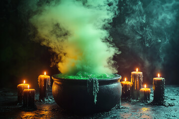 Halloween Witchcraft: Cauldron with Green Smoke and Candles