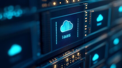 Poster - Close-up of a server rack with an Infrastructure-as-a-Service (IaaS) cloud computing interface, featuring blue neon lights.