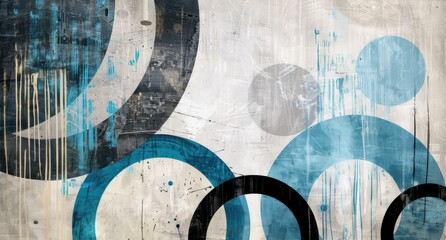 Wall Mural - Abstract circles in varying shades of blue on a textured gray background with paint drips and scratches