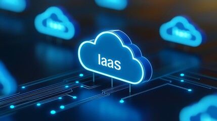 Poster - Cloud computing concept with glowing 'IaaS' text, symbolizing infrastructure as a service, in a futuristic digital environment.