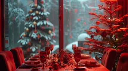 Poster - A table with a Christmas tree in the background and a red and white tablecloth