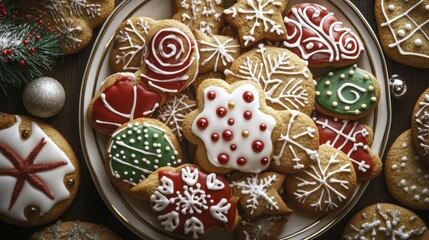 Leinwandbilder - An assortment of beautifully decorated cookies, including sugar and gingerbread varieties, arranged closely together on a festive plate.
