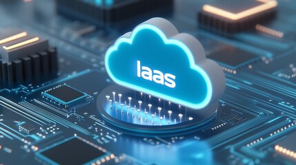 Poster - Cloud computing concept with IaaS (Infrastructure as a Service) depicted by a cloud icon on a circuit board with blue light.