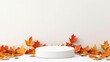 © Kasitthanin - A minimalist display featuring a white cylinder surrounded by vibrant autumn leaves, perfect for product showcases and seasonal promotions.