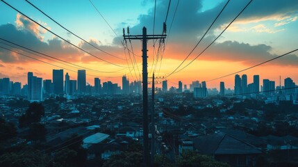 Wall Mural - An electric pole with communication wires and antennas, set against a modern city skyline, highlighting the role of technology in connectivity.