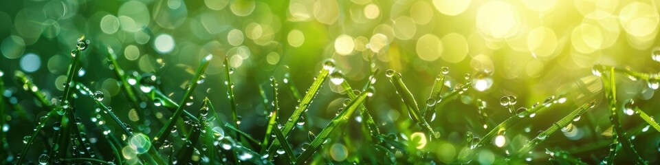 Wall Mural - Close-up of fresh morning dew drops on vibrant green grass, glistening in the sunlight.