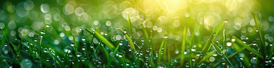 Wall Mural - Close-up of fresh morning dew drops on vibrant green grass, glistening in the sunlight.