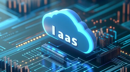 Digital 3D illustration of IaaS symbol in a cloud shape over a technology network. Infrastructure as a Service concept.