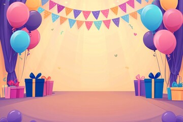 Wall Mural - A stage with balloons, gifts, and garlands on the sides, an empty floor in front.