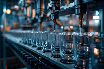 Poster - Automated industrial machinery filling empty glasses while moving on conveyor belt in factory
