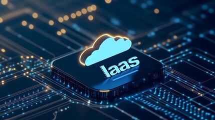 Poster - digital illustration of cloud computing concept with iaas icon on microchip, representing cloud infr