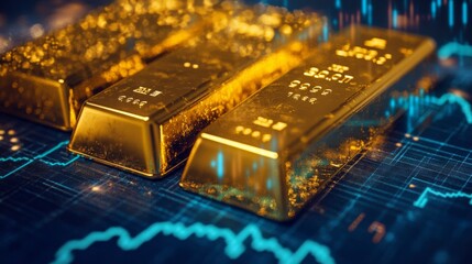 Wall Mural - An elegant display of gold bars with a graph showing historical price movements and future forecasts, integrating precious metals with financial insights.