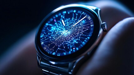 Poster - Close-up of a futuristic smartwatch with vibrant blue graphics, showcasing advanced technology and digital connectivity.