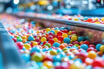 Macro shot of colorful candies going down a stainless steel product line in a food processing plant