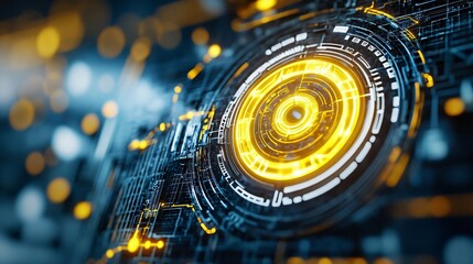 Poster - Futuristic interface with glowing circular elements and abstract technology patterns, perfect for science and innovation themes.