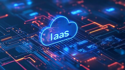 Poster - Digital illustration of IaaS cloud computing concept with futuristic neon glow, representing infrastructure as a service technology.