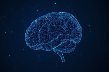 Wall Mural - A glowing brain composed of interconnected nodes on a blue background, representing artificial intelligence, neural networks, and big data technology