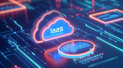 Poster - Digital illustration of IaaS technology concept with neon lights representing cloud infrastructure computing and modern IT services.