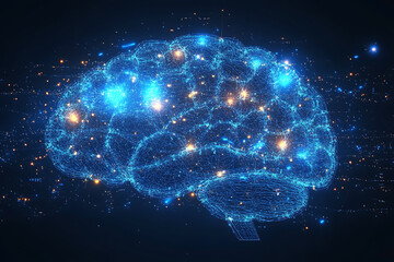 Poster - A glowing brain composed of interconnected nodes on a blue background, representing artificial intelligence, neural networks, and big data technology