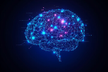 Poster - A glowing brain composed of interconnected nodes on a blue background, representing artificial intelligence, neural networks, and big data technology