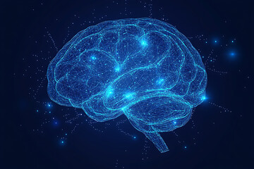 Poster - A glowing brain composed of interconnected nodes on a blue background, representing artificial intelligence, neural networks, and big data technology