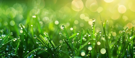 Wall Mural - Close-up of fresh morning dew drops on vibrant green grass, glistening in the sunlight.