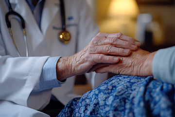 A geriatric doctor consulting and caring for an elderly patient suffering from Parkinson's disease, arthritis, gout, or mental health issues, providing examination and comfort in a medical clinic  