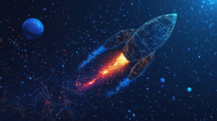 Poster - Abstract representation of a rocket as a starry sky or cosmic scene, formed from points, lines, and shapes that mimic planets, stars, and the universe. Vector illustration related to business.