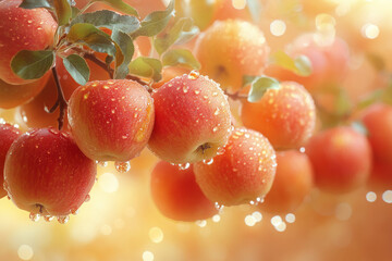 Poster - Abstract ripe apples cascading through a soft pastel orange mist,