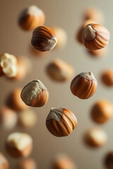 Wall Mural - Floating hazelnuts in a light pastel brown sky,