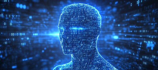 Wall Mural - Artificial Intelligence and Internet of Things, blue digital background with binary code, circuit board pattern and profile view silhouette of head representing artificial intelligence