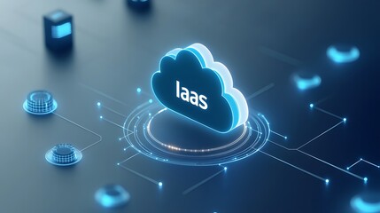 Poster - Futuristic cloud computing concept with 'IaaS' text, illustrating infrastructure as a service in a digital and technological setting.