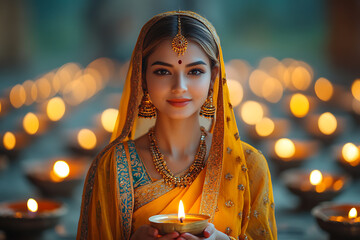 A beautifully dressed woman holding diya lamps in her hands, surrounded by floating candles in water, symbolizing the Diwali festival. She is adorned with traditional jewelry and flowers