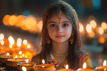 A beautifully dressed woman holding diya lamps in her hands, surrounded by floating candles in water, symbolizing the Diwali festival. She is adorned with traditional jewelry and flowers