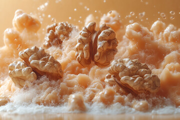 Wall Mural - Floating walnuts in a light pastel orange cloud,