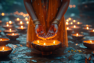 A beautifully dressed woman holding diya lamps in her hands, surrounded by floating candles in water, symbolizing the Diwali festival. She is adorned with traditional jewelry and flowers