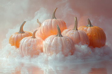 Wall Mural - Floating pumpkins in a pale lavender cloud,