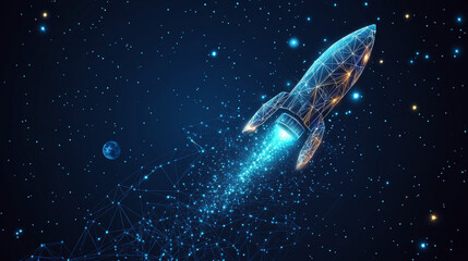 Poster - Abstract representation of a rocket as a starry sky or cosmic scene, formed from points, lines, and shapes that mimic planets, stars, and the universe. Vector illustration related to business.