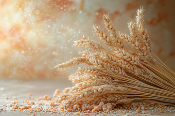 Poster - Abstract sheaves of rye with fragmented grains on a soft pastel brown background,