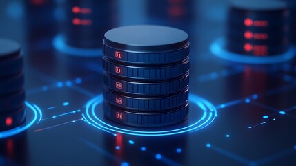 Poster - Futuristic data storage server technology, digital microchip data center with glowing circuits, concept of cloud computing and database management.