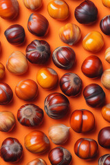 Wall Mural - Fragmented chestnuts scattered across a pastel orange surface,